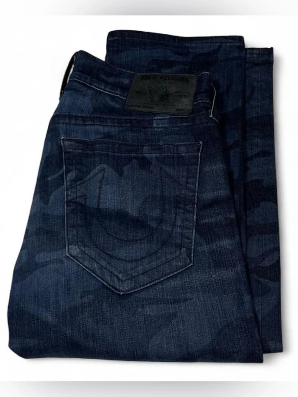True Religion Bobby Camo Laser Straight Asum Camoflaged Blue Jeans W35 L35 Stack